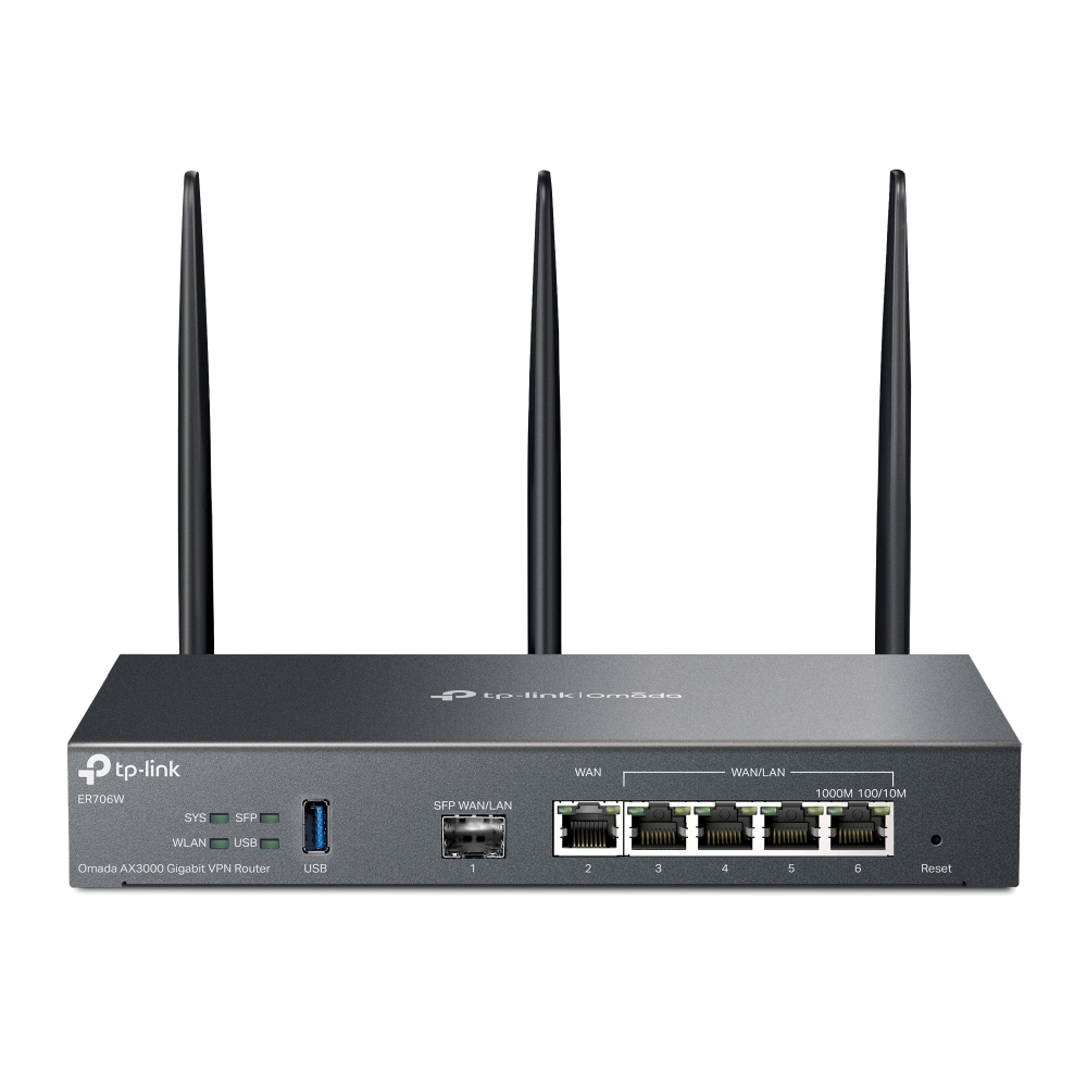 VPN-маршрутизатор TP-Link ER706W Omada с гигабитными портами и поддержкой Wi-Fi AX3000, 1 гиг. SFP WAN/LAN, 1 гиг. RJ45 WAN, 4 гиг. RJ45 WAN/LAN, USB 3.0, до 574 М/с на 2,4 ГГц + до 2402 М/с