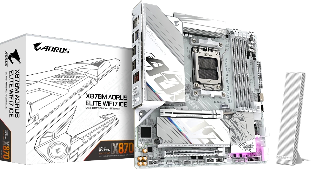 Материнская плата Gigabyte X870M AORUS ELITE WIFI7 ICE, AM5, AMD X870, 4xDDR5, 2xSATA, 2xM.2, 1xPCIe 5.0 x16, 1xPCIe 4.0 x16, 1xHDMI, 1x2.5Gb LAN, Wi-Fi 7, Bluetooth 5.4, 2xUSB-C 40Gbps (USB4), 2xUSB-A 10Gbps, 4xUSB-A 5Gbps, 4xUSB-A 2.0, 3x3.5 мм + S/PDIF оптический, 7.1, белый, mATX