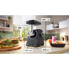 Мясорубка электрическая Bosch MFWS430B черный, 1900 Вт, 2.5 кг/мин, реверс, насадки - 6
