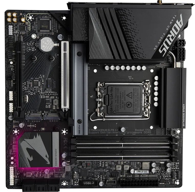 Материнская плата Gigabyte Z790M AORUS ELITE AX, LGA1700, Intel Z790, 4xDDR5, 6xSATA, 3xM.2, 1xPCIe 5.0 x16, 1xPCIe 4.0 x4, 1xHDMI, 1xDisplayPort, 1x 2.5Gb LAN, 1xUSB 3.2 Gen 2x2 Type-C, 1xUSB 3.2 Gen 2, 4xUSB 3.2 Gen 1, 4xUSB 2.0, 2x3.5 мм, 7.1, microATX
