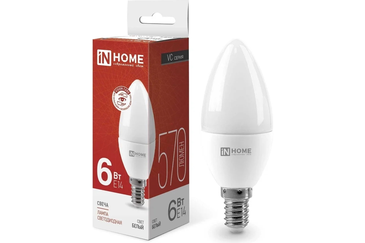 Лампа светодиодная IN HOME 4690612020396 LED-Свеча-VC 6 Вт свеча 4000К нейтр. белый E14 540 лм 230В