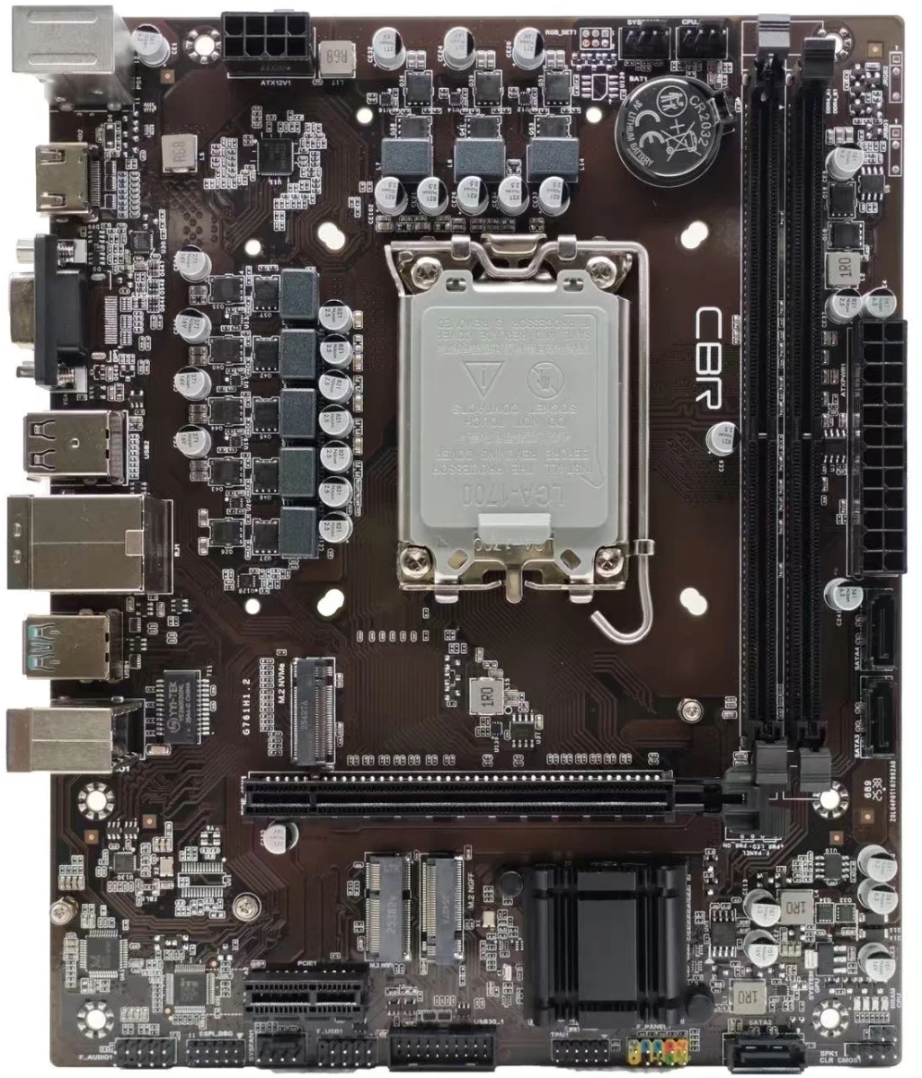 Материнская плата CBR B760-D4, LGA 1700, Intel B760, 2xDDR4, 3xSATA, 2xM.2, 1xPCIe 4.0 x16, 1xPCIe 3.0 x1, 1xVGA, 1xHDMI, 1x1Gb LAN, 2xUSB-A 5Gbps, 4xUSB-A 2.0, 3x3.5 мм, 5.1, mATX