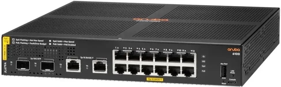 Коммутатор HPE Aruba 6100 12G CL4 2SFP+ 139W, 12×1 Гбит/с PoE+ + 2×10 Гбит/с SFP+, управляемый