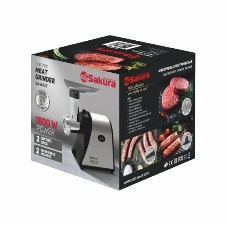 Мясорубка электрическая Sakura SA-6433 черный/нержавеющая сталь, 1800 Вт, 1.4 кг/мин, реверс, защита от перегрузки, насадки - 2