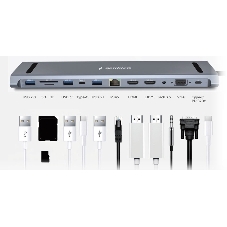 USB-концентратор Gembird UHB-D6, USB Type-C, USB 2.0/RJ45/USB Type-C PD87W/Jack 3.5 / SD/TF/2xHDMI/VGA, USB Type-C