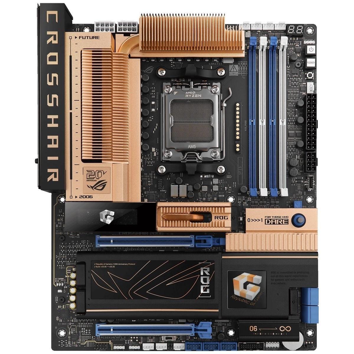 Материнская плата ASUS ROG CROSSHAIR 2006, AM5, AMD X870E, 4xDDR5, 4xSATA 6Gb/s, 5xM.2, 2xPCIe 5.0 x16, 1xHDMI, 1x 10Gb LAN + 1x 5Gb LAN, 2xUSB4 Type-C + 6xUSB 3.2 Gen2 Type-A + 3xUSB 3.2 Gen2 Type-C, 2x3.5 мм, 7.1, ATX