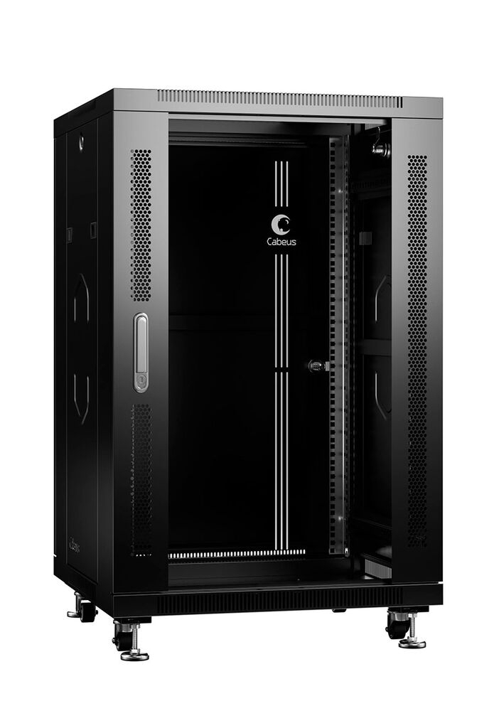 Шкаф телекоммуникационный напольный Cabeus SH-05C-18U60/100-BK IP20, 18U, 988х600х1000 мм (ВхШхГ), дверь: стекло, боковая панель: сплошная, разборный, цвет: чёрный