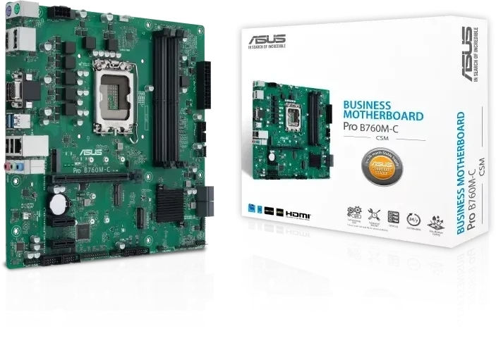 Материнская плата ASUS PRO B760M-C-CSM, LGA 1700, Intel B760, 4xDDR5, 4xSATA, 2xM.2, 1xPCIe 4.0 x16, 2xPCIe 3.0 x1, 1xVGA, 1xHDMI, 2xDP, 1x1Gb LAN, 2xUSB-A 5Gbps, 2xUSB-A 2.0, 3x3.5 мм, 7.1, mATX