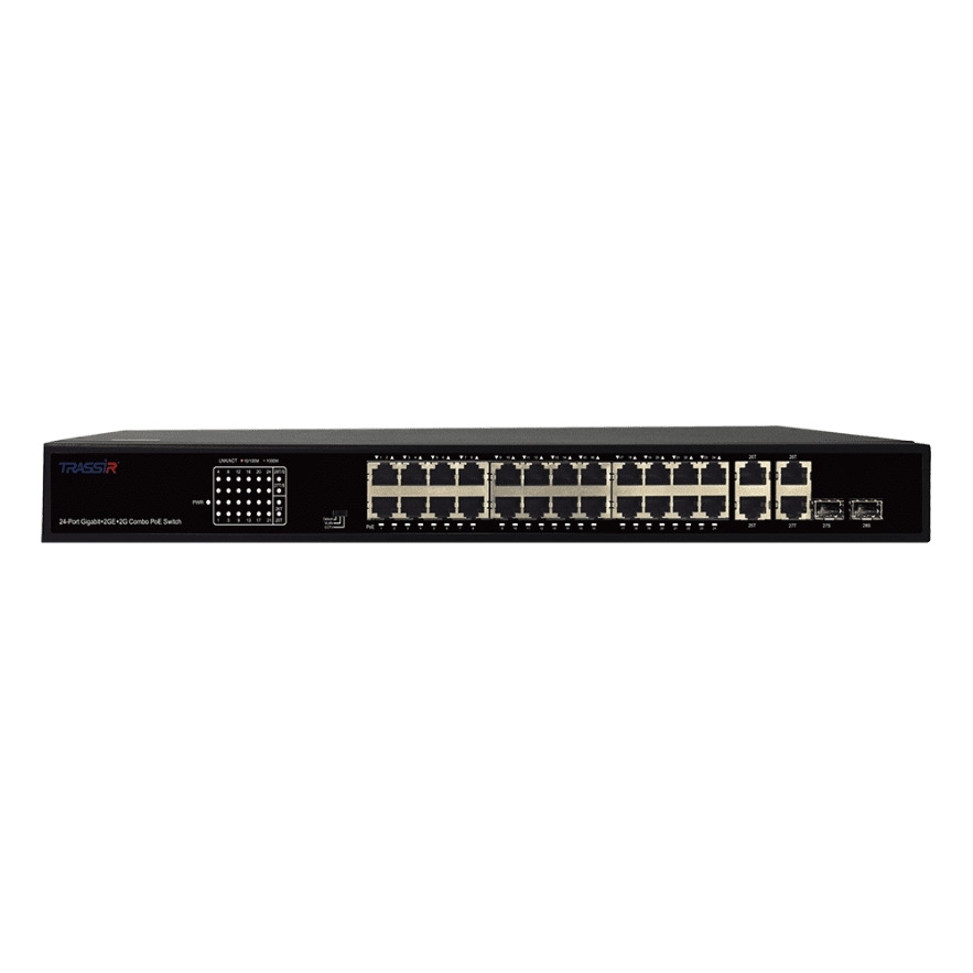 Неуправляемый коммутатор Trassir TR-NS14282С-370-24POE с24 PoE портами (10/100/1000 Мбит/с Base-T PoE port),и 2 Combo портами (10/100/1000 Мбит/с Base-T), 2 Uplink (10/100/1000 Мбит/с Base-T)