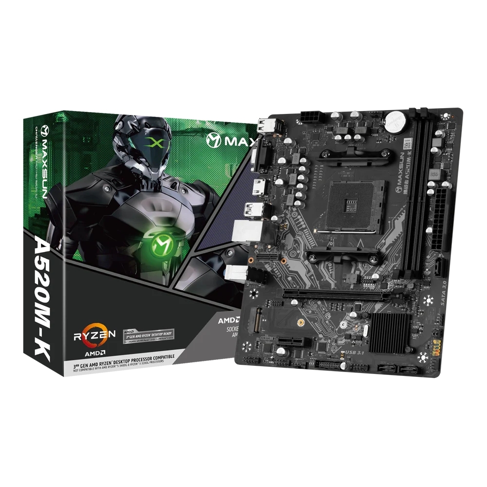 Материнская плата Maxsun Challenger A520M-K, AM4, AMD A520, 2xDDR4, 3xSATA, 1xM.2, 1xPCIe 3.0 x16, 1xPCIe 3.0 x1, 1xHDMI, 1xVGA, 1x 1Gb LAN, 2xUSB-A 3.2 Gen 1, 4xUSB-A 2.0, 3x3.5 мм, 5.1, M-ATX