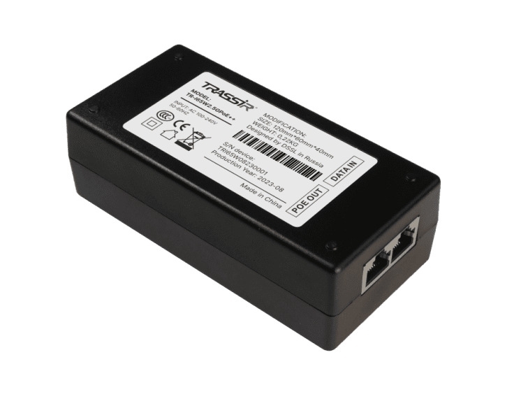 POE-инжектор TRASSIR TR-I65W2.5GPoE++ Вход: 100-240В 50/60Гц . Мощность POE на порт 65Вт. Общий бюджет 65Вт. Порты: 1*RJ45*10/100/1000M Data IN, 1*RJ45*10/100/1000M PoE OUT. Предназначен для питания устройств по протоколам IEEE 802.3af/at/bt. Функция автоматического определения PoE устройств. Молниезащита