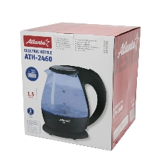 Электрочайник Atlanta ATH-2460 черный стеклянный, 1.5 л, 2200 Вт, скрытый нагревательный элемент