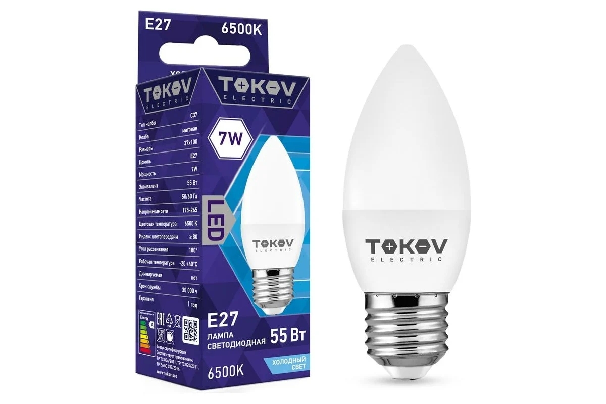 Лампа светодиодная TOKOV ELECTRIC 7Вт С37 6500К Е27 176-264В