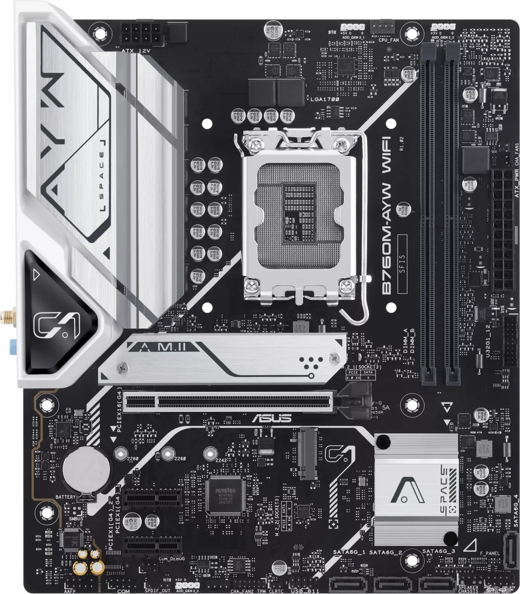Материнская плата ASUS B760M-AYW WIFI-SI, LGA 1700, Intel B760, 2xDDR5, 4xSATA, 2xM.2, 1xPCIe 4.0 x16, 2xPCIe 4.0 x1, 1xHDMI, 1x2.5Gb LAN, Wi-Fi 6, Bluetooth 5.3, 4xUSB-A 5Gbps, 2xUSB-A 2.0, 3x3.5 мм, 7.1, mATX