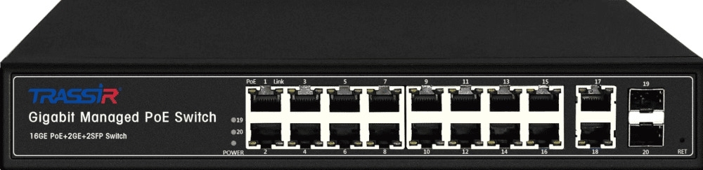 Коммутатор управляемый Trassir TR-NS24202S-300-16PoE с 16 PoE портами (10/100/1000 Мбит/с Base-TX PoE port) и 2 SFP портами и 2 RJ-45 Uplink ports.