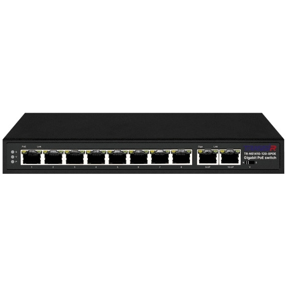 Неуправляемый коммутатор Trassir TR-NS1410-120-8POE с 8 PoE портами (10/100/1000 Мбит/с (Base-T)) 2 Uplink (10/100/1000 Мбит/с (Base-T)), стандарты PoE EEE802.3af, EEE802.3at, EEE802.3bt, максимальная мощность на порт 90Вт, общая - 120 Вт.