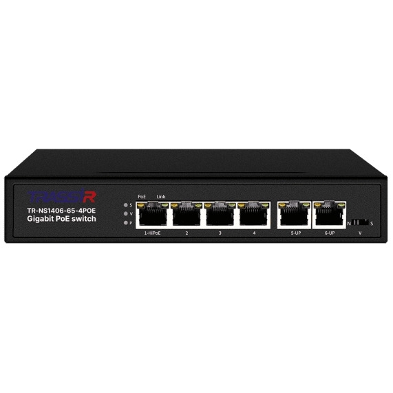 Неуправляемый коммутатор Trassir TR-NS1406-65-4POE с 4 PoE портами (10/100/1000 Мбит/с (Base-T)), 2 Uplink (10/100/1000 Мбит/с (Base-T)), стандарты PoE EEE802.3af, EEE802.3at, EEE802.3bt, максимальная мощность на порт 60Вт, общая - 65 Вт