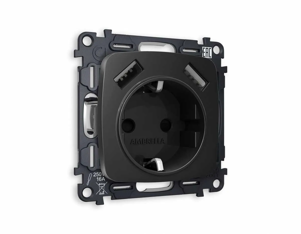Комплект механизма электрической розетки OMEGA Черный матовый 2USB A+A 18W (быстрая зарядка) с/з QUANT (OP8090, VM155) MO809010