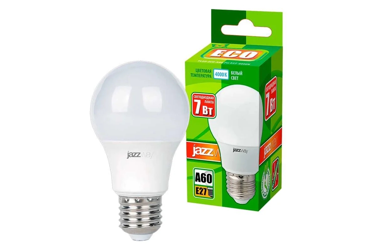 Лампа светодиодная JazzWay LED 7Вт Е27 220В 4000К PLED- ECO- A60 груша 1033185