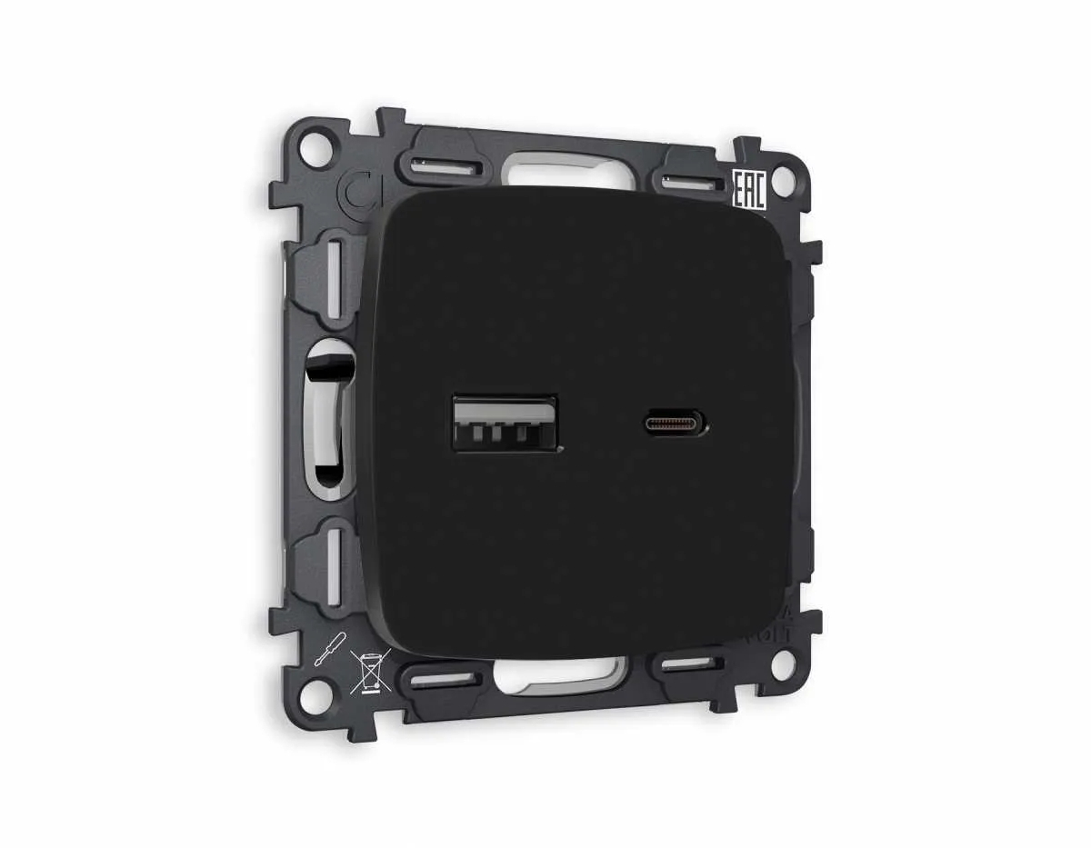 Комплект механизма розетки OMEGA Черный матовый 2USB A+C 20W (быстрая зарядка) QUANT (OP8110, VM177) MO811010
