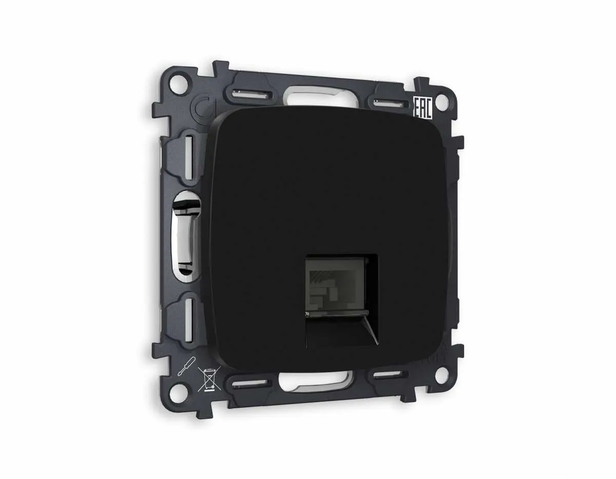 Комплект механизма компьютерной розетки OMEGA Черный матовый RJ-45(8P8C) CAT6 с шторкой QUANT (OP8120, VM188) MO812010