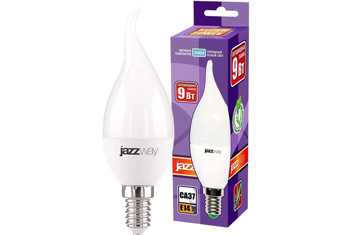 Лампа светодиодная JazzWay PLED-SP CA37 9Вт свеча 5000К холодный белый E14 820лм 230В