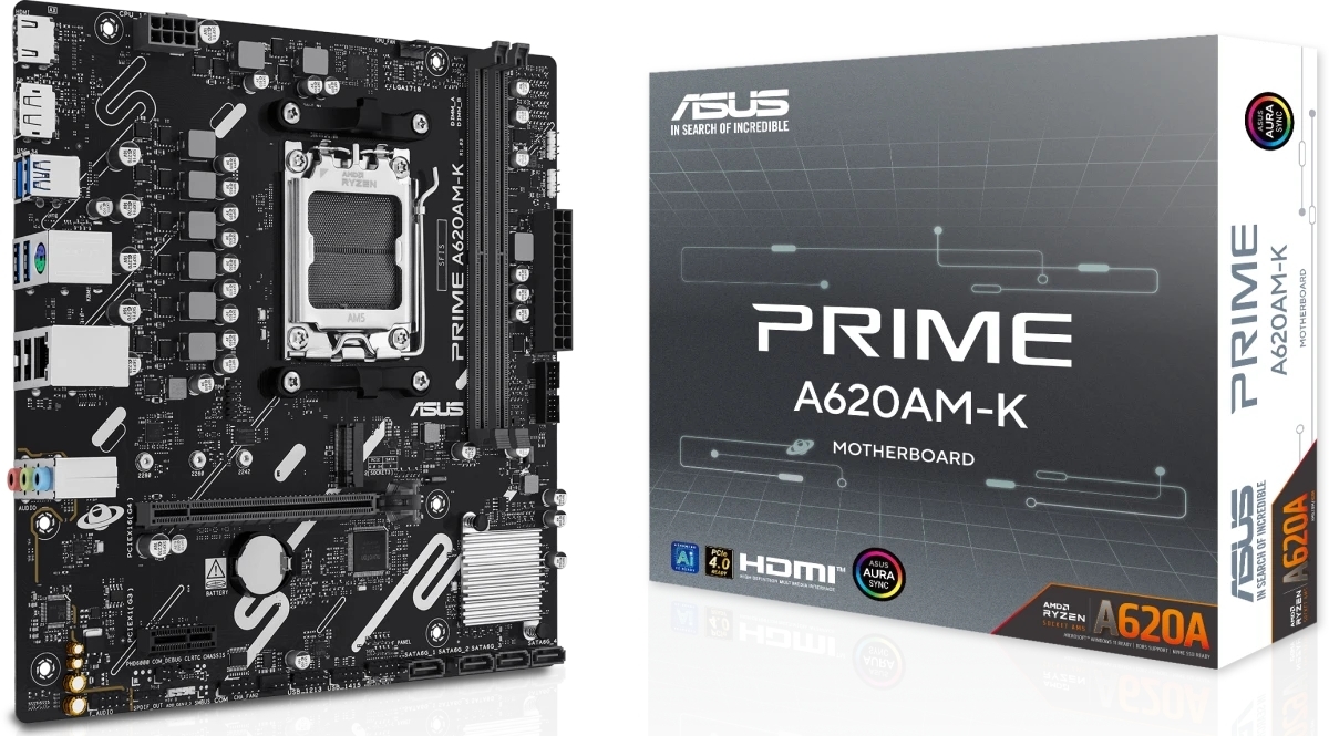 Материнская плата ASUS PRIME A620M-K, AM5, AMD A620, 2xDDR5, 4xSATA, 1xM.2, 1xPCIe 4.0 x16, 1xPCIe 3.0 x1, 1xHDMI, 1xDP, 1x1Gb LAN, 4xUSB-A 5Gbps, 2xUSB-A 2.0, 3x3.5 мм, 7.1, mATX