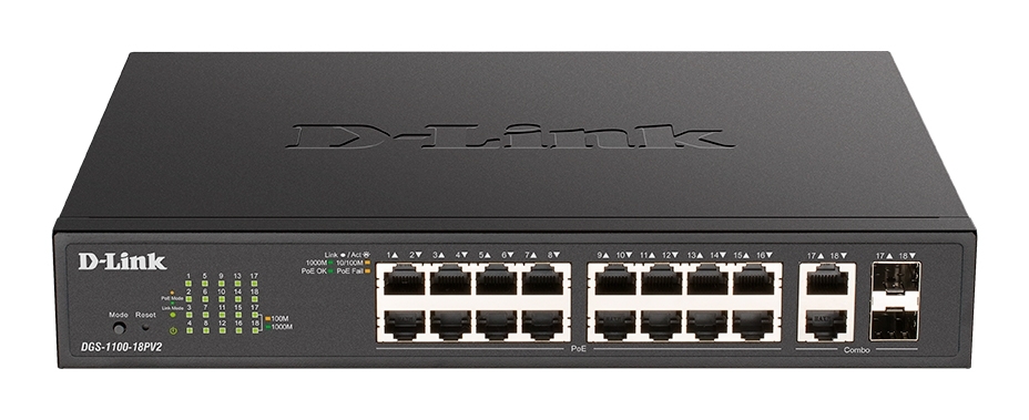 Коммутатор D-Link DGS-1100-18PV2/A, 16×1 Гбит/с + 2×1 Гбит/с SFP, настраиваемый