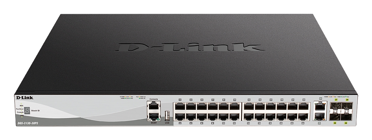 Коммутатор D-Link DGS-3130-30PS/B2A, 24×1 Гбит/с + 2×10 Гбит/с Base-T + 4×10 Гбит/с SFP+, управляемый