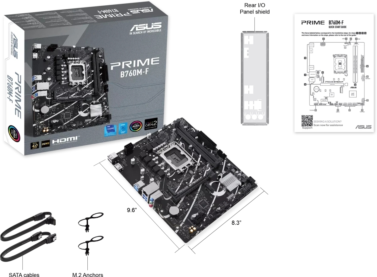 Материнская плата ASUS PRIME B760M-F, LGA 1700, Intel B760, 2xDDR5, 4xSATA, 2xM.2, 1xPCIe 4.0 x16, 1xPCIe 3.0 x1, 1xHDMI, 1x1Gb LAN, 4xUSB-A 5Gbps, 2xUSB-A 2.0, 7.1, mATX