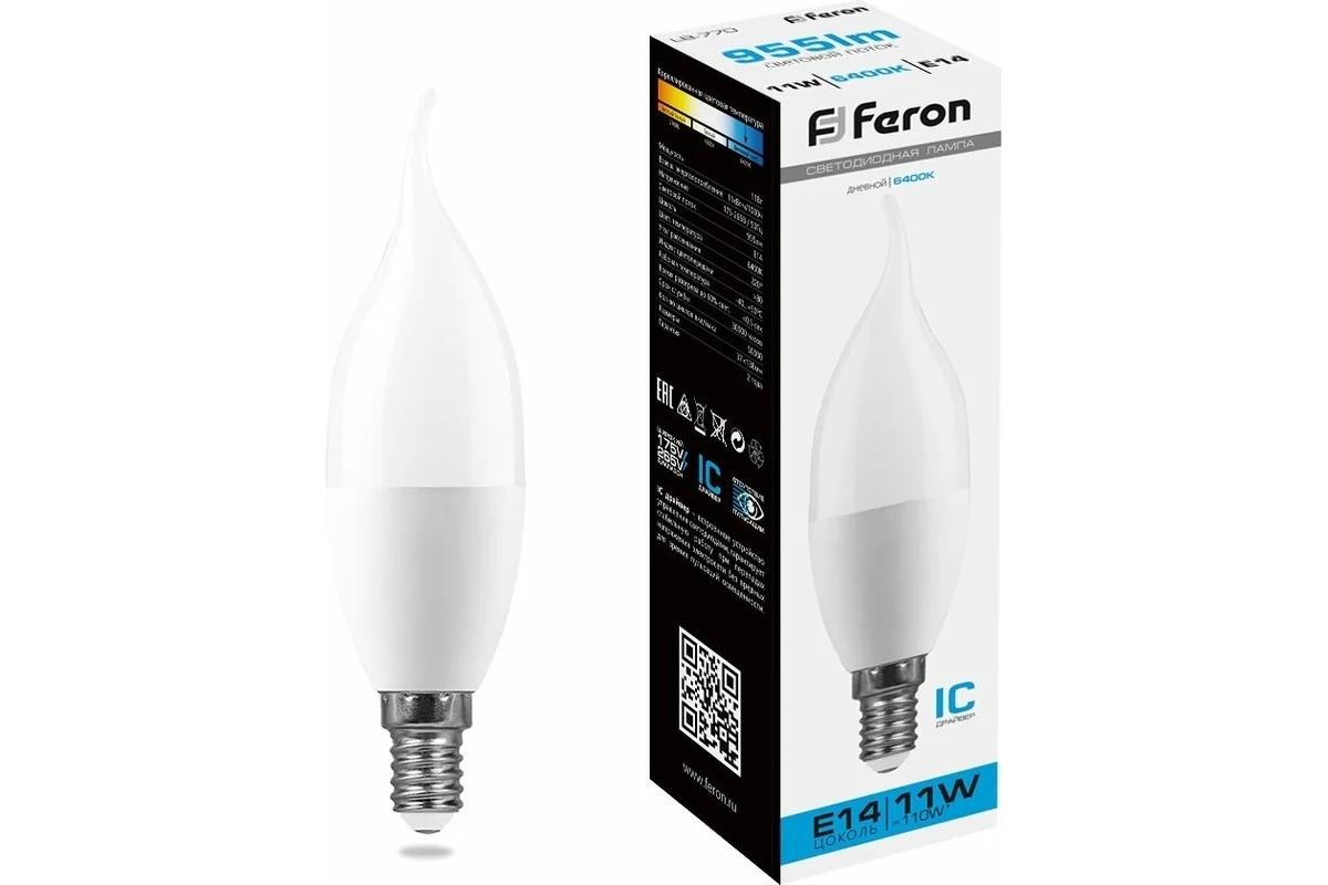 Лампа светодиодная Feron LB-770 (25952) 11W 230V E14 6400K свеча на ветру