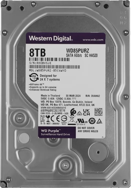 Жесткий диск Western Digital 8Tb Purple SATA III, 5640- rpm, 256Mb, 3.5