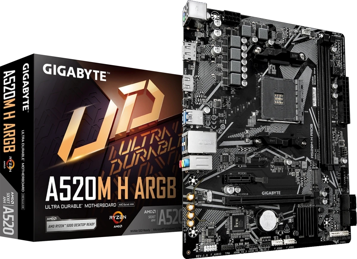Материнская плата Gigabyte A520M H ARGB, AM4, AMD A520, 2xDDR4, 4xSATA, 1xM.2, 1xPCIe 3.0 x16, 1xPCIe x1, 1xHDMI, 1xDP, 1x1Gb LAN, 4xUSB-A 5Gbps, 2xUSB-A 2.0, 1xPS/2, 3x3.5 мм, 7.1, mATX