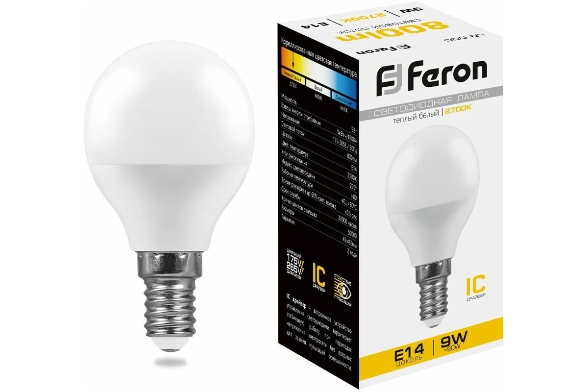 Лампа светодиодная Feron LB-550 9W 230V E14 2700K G45