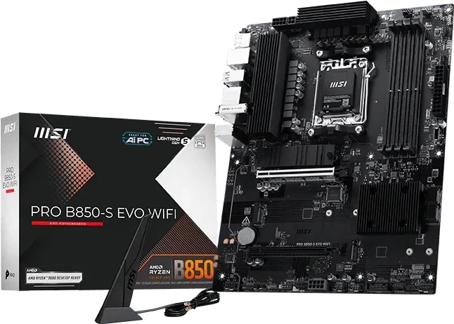 Материнская плата MSI PRO B850-S EVO WIFI, AM5, AMD B850, 4xDDR5 (до 256 ГБ), 4xSATA, 3xM.2 (1xPCIe 5.0, 2xPCIe 4.0), 1xPCIe 5.0 x16, 1xPCIe 4.0 x16, 1xHDMI, 1xDP, 1x5Gb LAN, Wi-Fi 7, Bluetooth 5.4, 1xUSB-C 10Gbps, 2xUSB-A 10Gbps, 2xUSB-A 5Gbps, 4xUSB-A 2.0, 3x3.5 мм, 7.1, чёрный, ATX