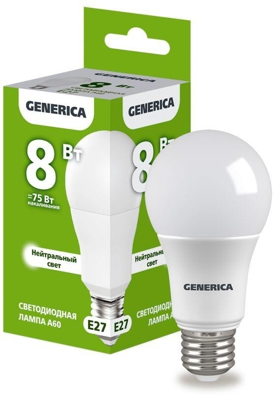 Лампа cветодиодная LED A60 IEK LL-A60-08-230-40-E27-G груша 8Вт 230В 4000К E27 GENERICA