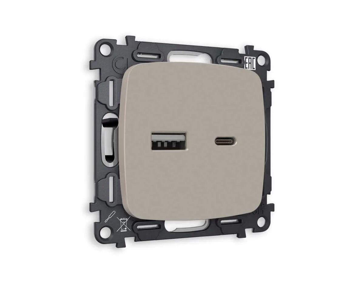 Комплект механизма розетки OMEGA Серо-бежевый матовый 2USB A+C 20W (быстрая зарядка) QUANT (OP3710, VM177) MO371010