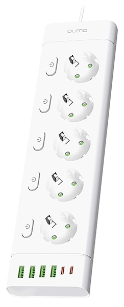 Сетевой фильтр QUMO Power Bar Light SPFSU2 (P-0009), 5 розеток, 2500 Вт, 10A, каб.3 м 3x1 мм медь, 4U+2C (2,4A),Wt