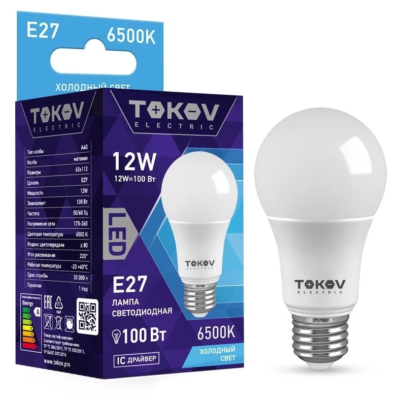 Лампа светодиодная TOKOV ELECTRIC 12Вт А60 6500К Е27 176-264В