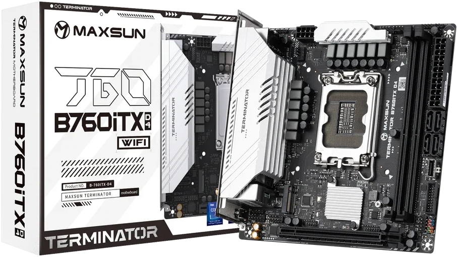 Материнская плата Maxsun Terminator B760ITX D4 WIFI V3, LGA 1700, Intel B760, 2xDDR4 (до 64 ГБ), 4xSATA, 2xM.2 (PCIe 4.0 x4), 1xPCIe 5.0 x16, 1xHDMI, 1xDP, 1x2.5Gb LAN, Wi-Fi 6E, Bluetooth 5.3, 1xUSB-C 20Gbps, 4xUSB-A 5Gbps, 4xUSB-A 2.0, 3x3.5 мм, 7.1, чёрный, Mini-ITX