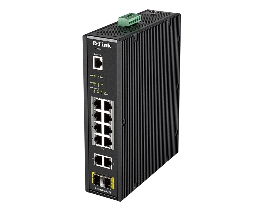 Коммутатор D-Link DIS-200G-12PS/A2A, 10×1 Гбит/с (8 PoE+) + 2×1 Гбит/с SFP, управляемый
