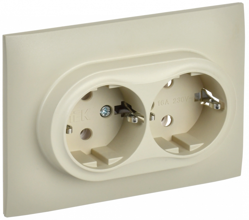 Розетка 2-местная IEK SKANDY SK-R08B (SK-R21-16-K10-F) с заземлением, без защитных шторок, 16А в сборе, бежевый