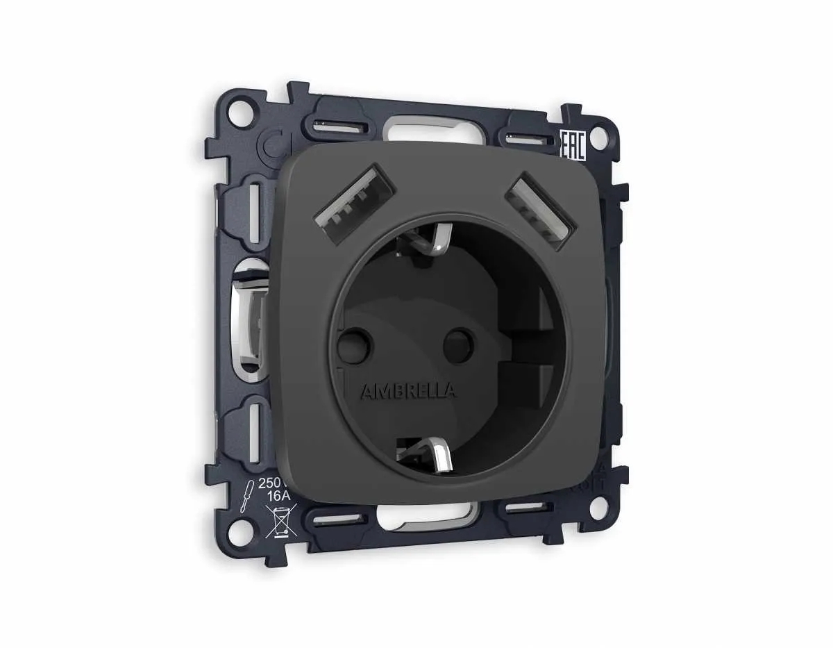 Комплект механизма электрической розетки OMEGA Графит мягкое касание 2USB A+A 18W (быстрая зарядка) с/з QUANT (OP9090, VM155) MO909010