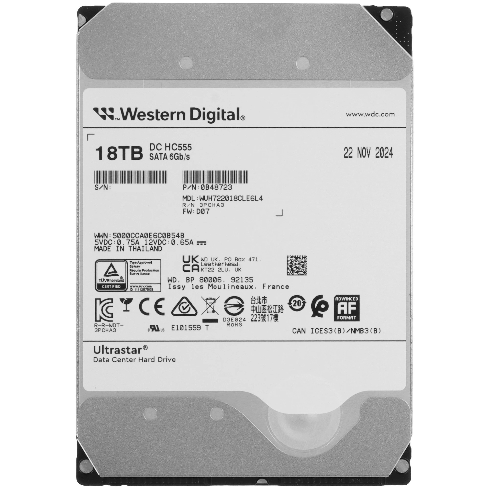 Жесткий диск SATA 18TB 7200RPM 6Gb/S 512MB DC HC555 WUH722018CLE6L4_0B48723 WESTERN DIGITAL
