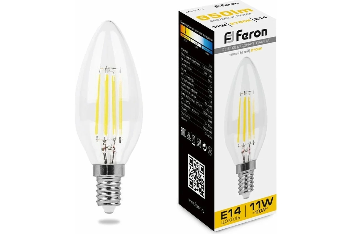 Лампа светодиодная Feron LB-713 11Вт Е14 теплый свеча FILAMENT