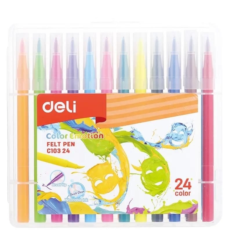 Фломастеры Deli EC10324 Color Emotion кисть, смываемые, 24 цвета, пластиковый пенал (24шт)
