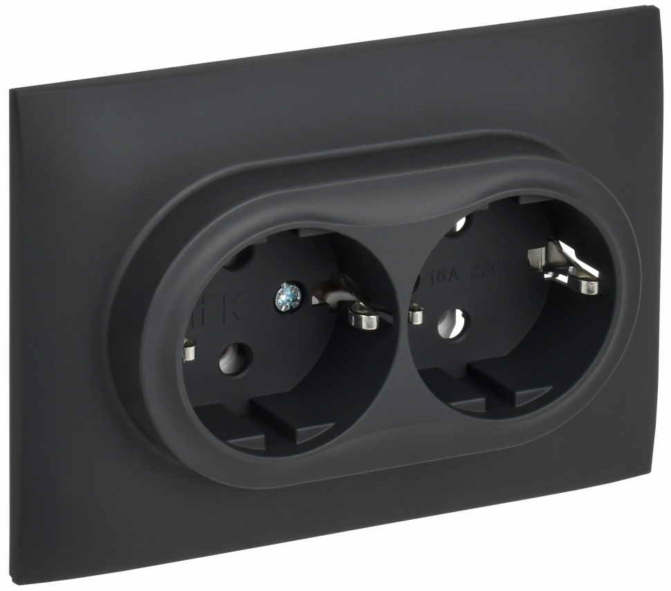 Розетка 2-местная IEK SKANDY SK-R08G (SK-R21-16-K53-F) с заземлением, без защитных шторок 16А в сборе, графит
