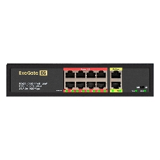 Коммутатор неуправляемый ExeGate EDGS-1082D.8PoE-120W (10-портовый: 8 портов UTP 10/100 Base-Tx с поддержкой IEEE 802.3af (PoE), мощность PoE: 15,4W, суммарно 120W, 2 порта RJ45 10/100/1000 Мбит/с (uplink), настенный/настольный, металлический корпус)