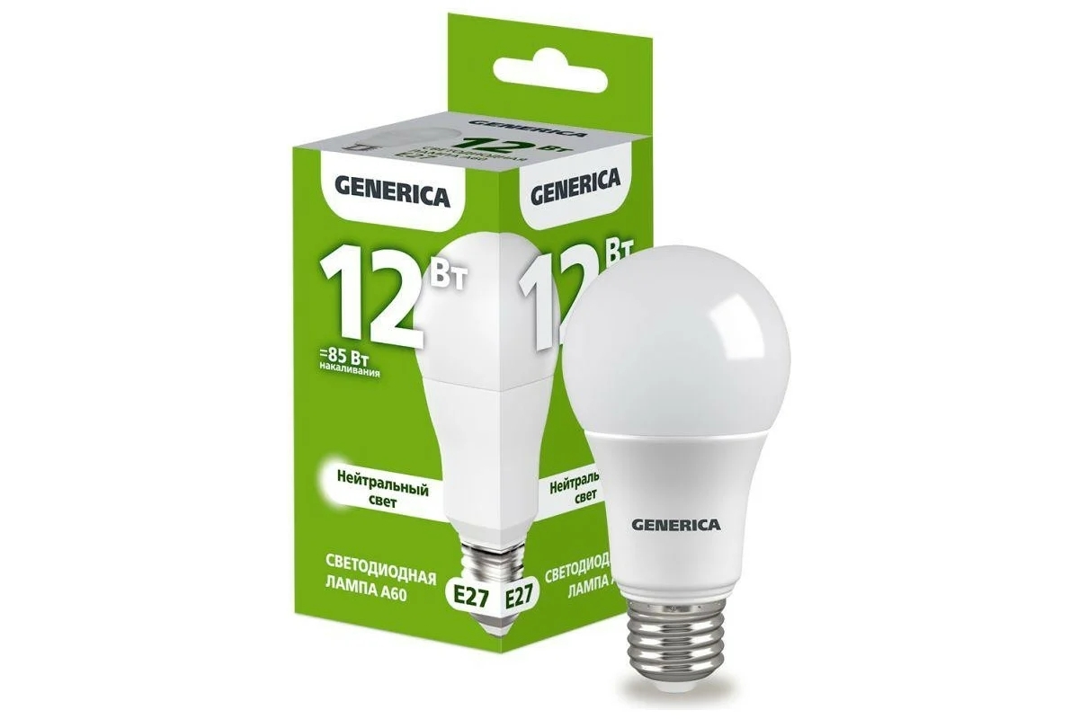 Лампа светодиодная GENERICA LL-A60-12-230-40-E27-G A60 12Вт грушевидная 4000К E27 230В
