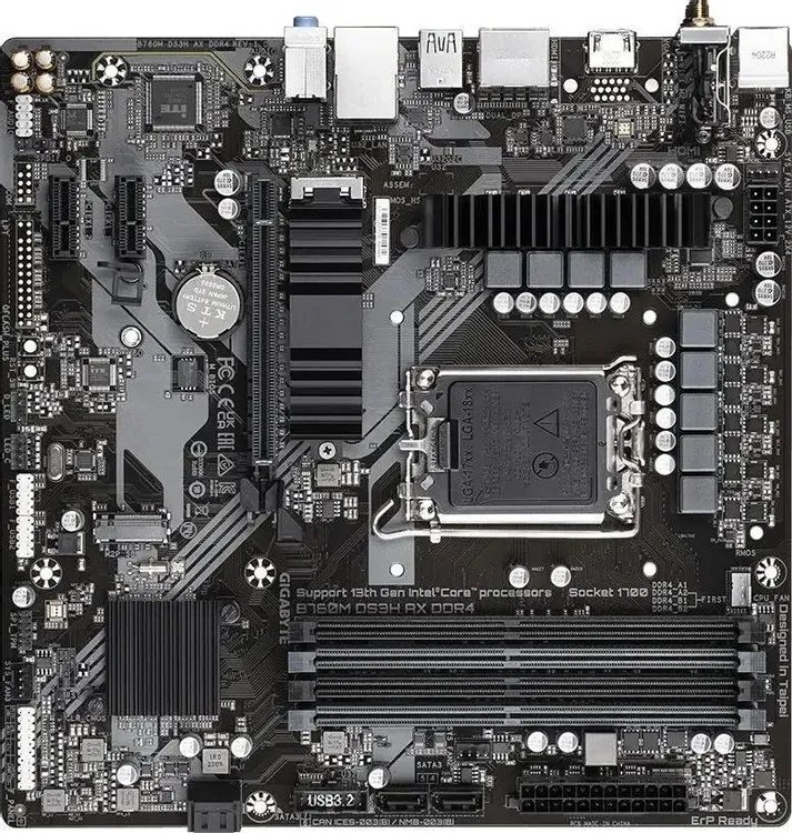 Материнская плата Gigabyte B760M DS3H AX DDR4 (V1.2/V1.3), LGA1700, Intel B760, 4xDDR4, 4xSATA, 2xPCIe 4.0 x4 M.2, 1xPCIe 4.0 x16, 2xPCIe 3.0 x1, 1xHDMI, 2xDisplayPort, 1x 2.5Gb LAN, 1xUSB 3.2 Gen 2 Type-C, 3xUSB 3.2 Gen 1, 2xUSB 2.0, 3x3.5 мм, 7.1, microATX